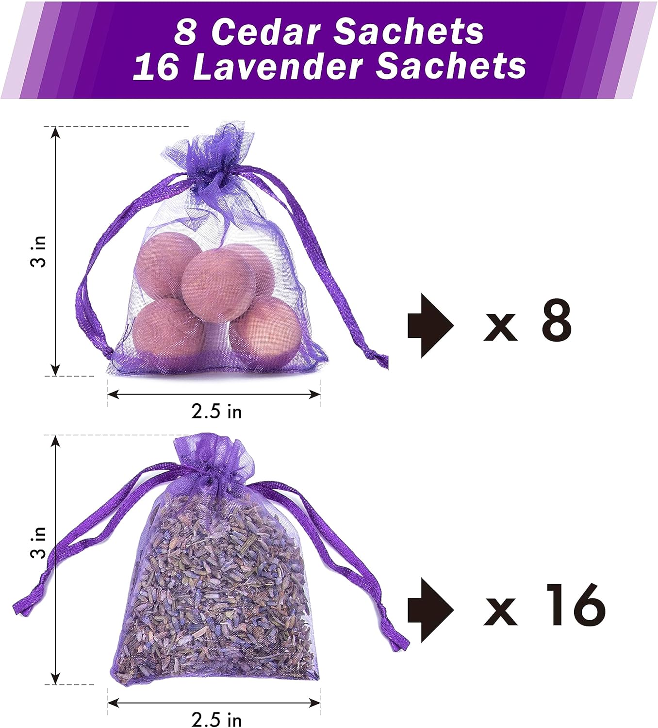 Pack of 24 Lavender Cedar Sachets Bag - 16 Lavender, 8 Cedar for Closet, Drawer, Dresser, Wardrobe and More, LV-D-LC-1
