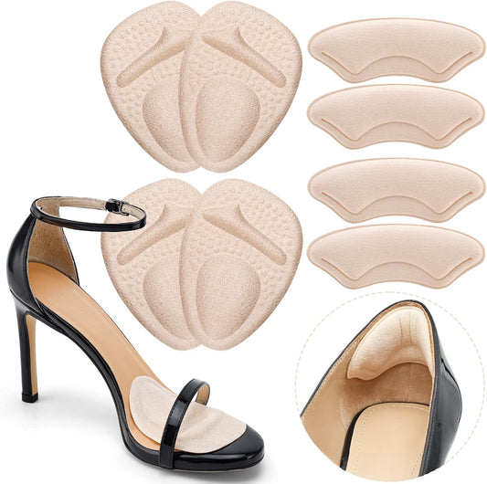 Heel Cushion Pads, Metatarsal Pads for Women, Ball of Foot Cushions, Liners for Pain Relief, Prevent Blisters Friction, Shoe Inserts for Loose Shoes to Make Fit Tighter (4 Pairs)