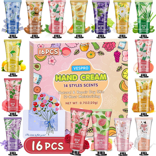 VESPRO 16 Pack Hand Cream Gifts Set, Birthday Gifts, Bridesmaid Gifts, Bulk Hand Lotion Travel Size for Dry Cracked Hands, Mini Hand Lotion for Thank You Gift and Mom Gifts with a Greeting Card