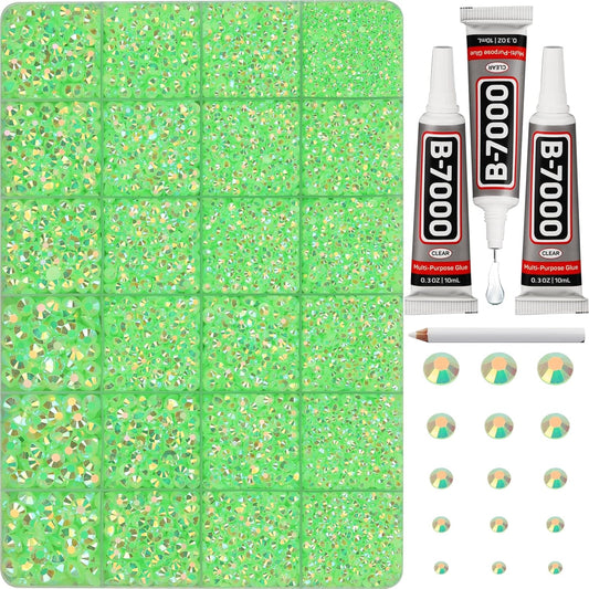 30000Pcs Resin Jelly Rhinestones Set for Crafting Bedazzling, Neon Lime Green AB Flatback Gems Jewels for Crafts Clothes Shoes Fabric Outfit Makeup, Flat Back Crystal 2-6mm with b 7000 Glue