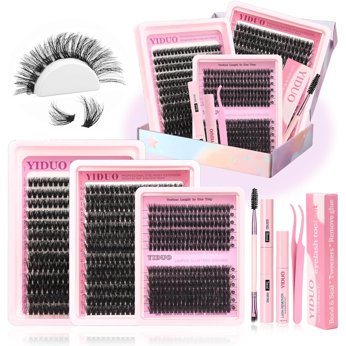Lashes Clusters Kit Gift Packs 3 Styles 760Pcs with 2X Bond&Seal Volume Soft False Eyelash Extension 80D+100D D Curl Wispy Natural DIY Individual Fake Eyelashes Box for Beginners Bulk Pack