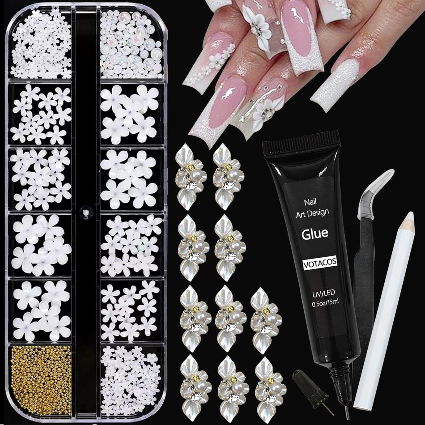 Nail Art Charms with Rhinestones Glue Gel Flatback Pearls Nail Charms Luxurious Nails Supplies Accessories Gold Steel Ball Gems Jewelry Pearls for Women Nails Design