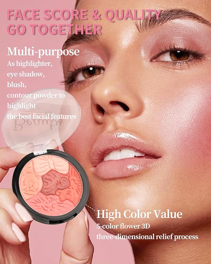 Flower Blush for Cheeks, Matte Shimmer Face Blush Powder,Contour Multiuse Facial Make up Palette,Longlasting Waterproof Embossed Blusher,Mother's Day Makeup Gift for Women-02#Camellia Orange