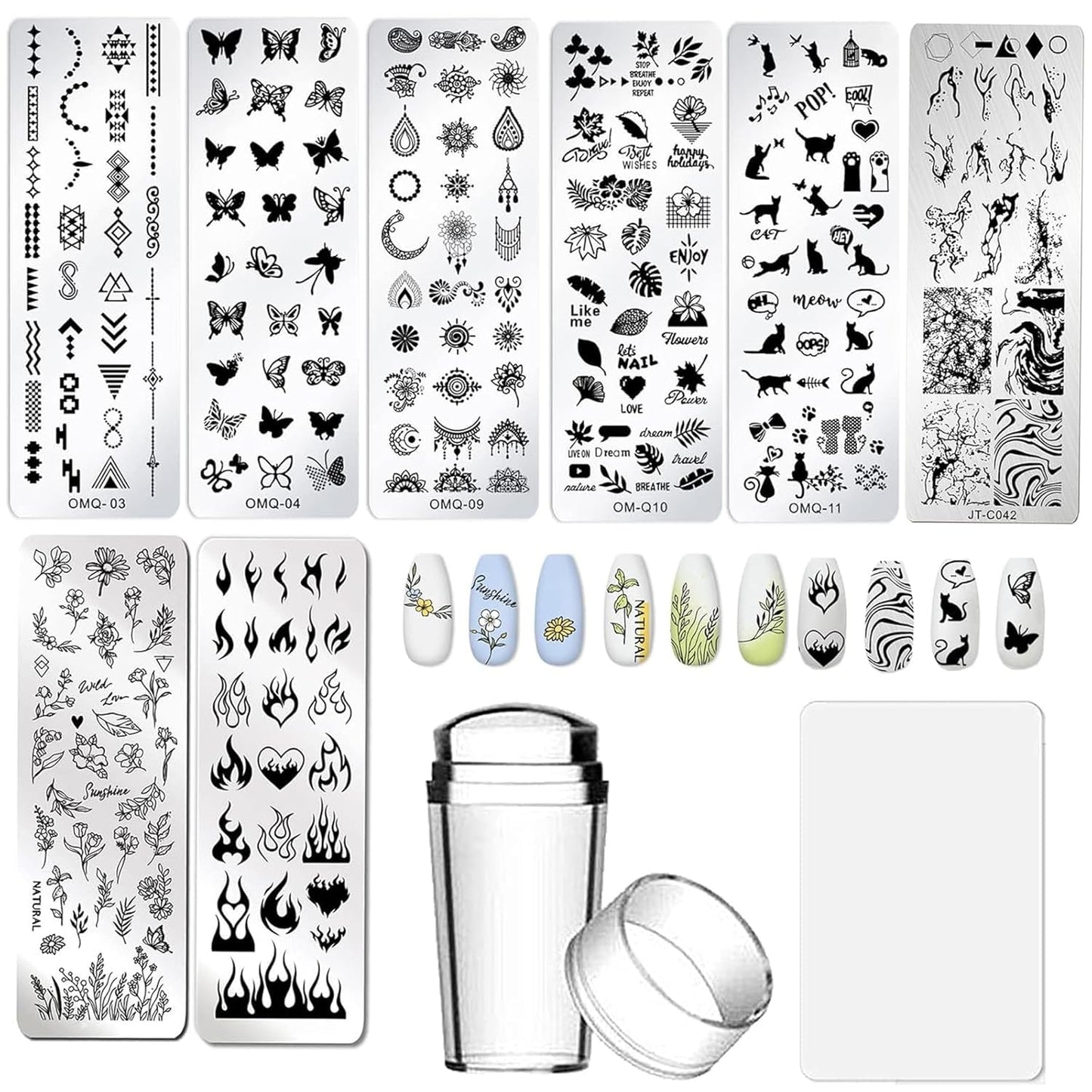 AddFavor Nail Stamper Kit 8pcs Stamping Plates Minimalist Geometric Lines Leaf Image Template for DIY Decorating Polish Gel Plate Print Stamper Manicure Stencils Tools (Mixed-Style D)