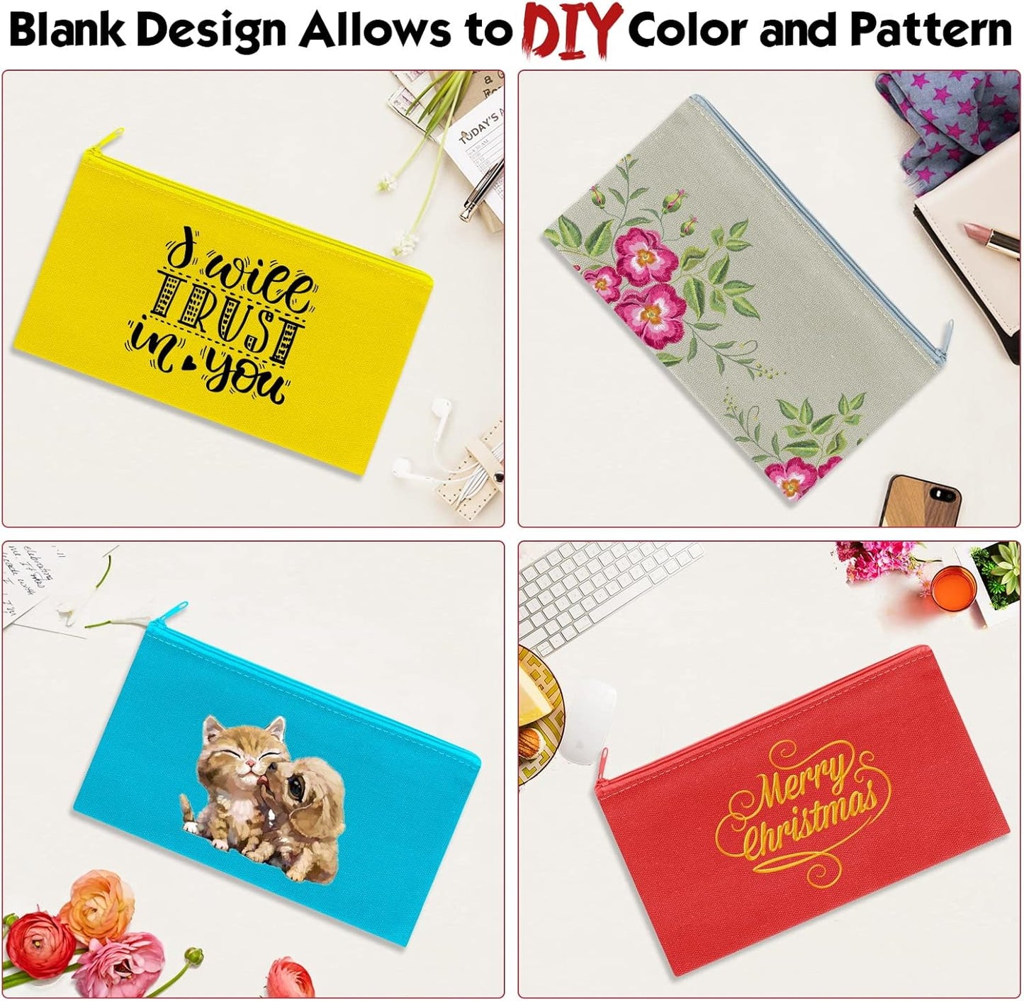 12 Pieces Cotton Canvas Makeup Bag, Multipurpose Cosmetic Bag with Zipper Travel Toiletry Pouch, Blank DIY Craft Bag (Multicolored A, M)