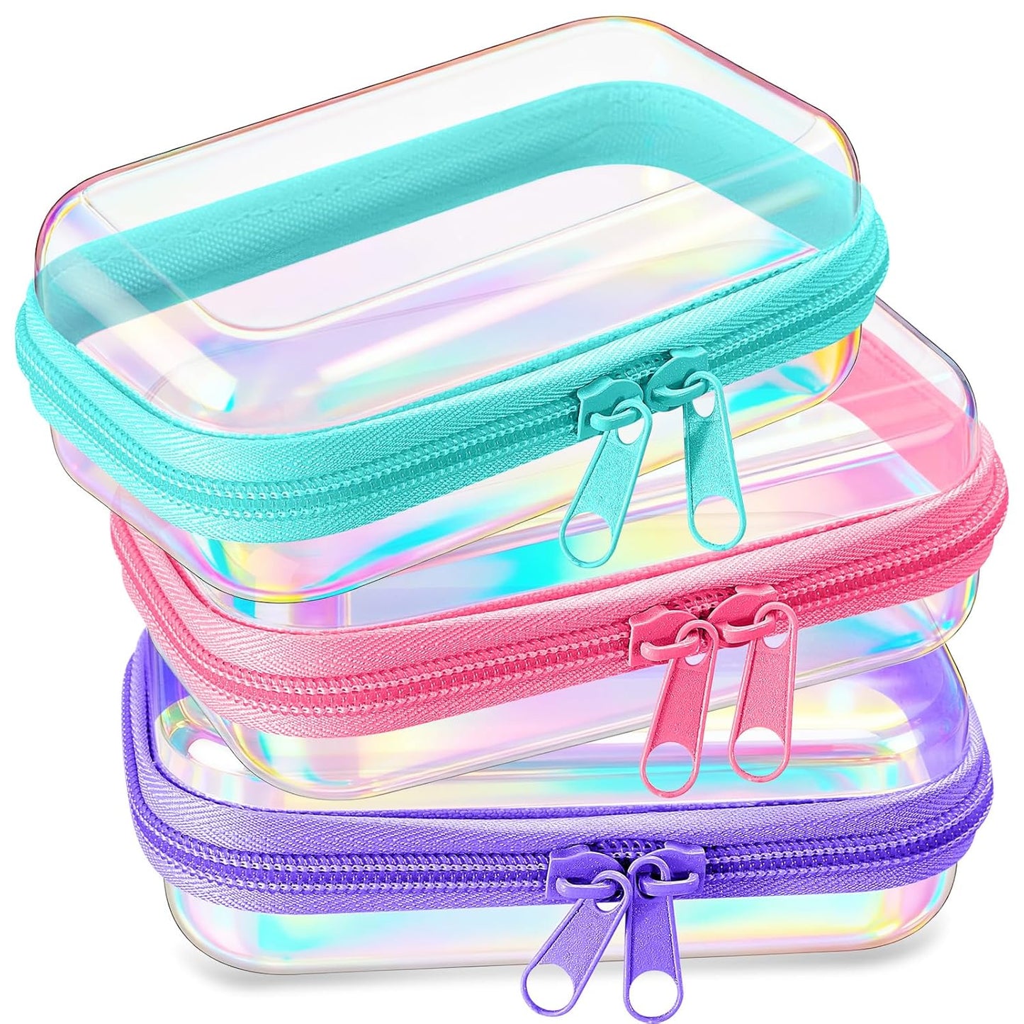 Hoolerry 3 Pcs Clear Hard Zipper Case Plastic Pouch Transparent Hard Case Clear Makeup Bag Portable Travel Organizer Bin for Cosmetics, Building Blocks, Puzzles(Laser,Xs)