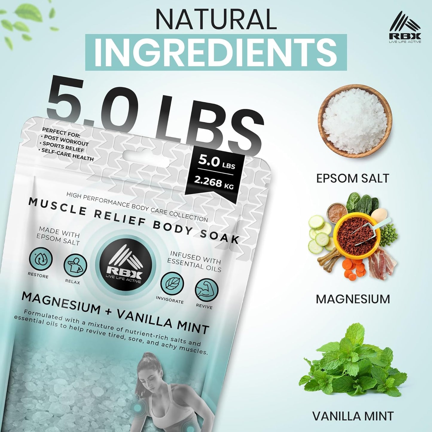 RBX Muscle Relief Epsom Salt Bath Soak – Magnesium Flakes & Bath Salts for Soothing Sore Muscles, Pain Relief, Foot Detox Soak – Vanilla Mint Scent – 5 lb Bag