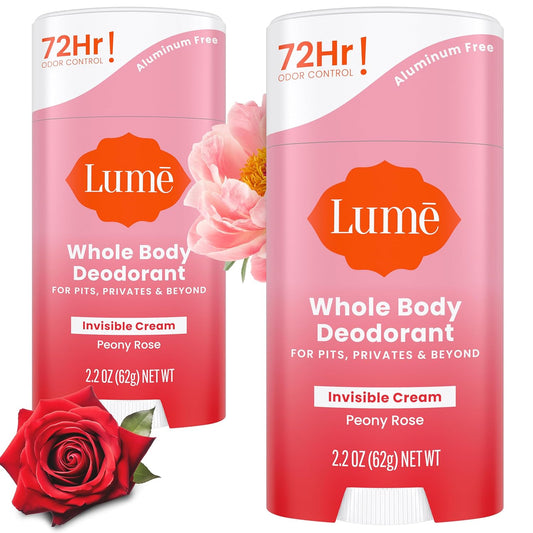 Lume Deodorant Cream Stick - Underarms and Private Parts - Aluminum-Free, Baking Soda-Free, Hypoallergenic, and Safe For Sensitive Skin - 2.2 Ounce (Pack of 2) (Peony Rose)