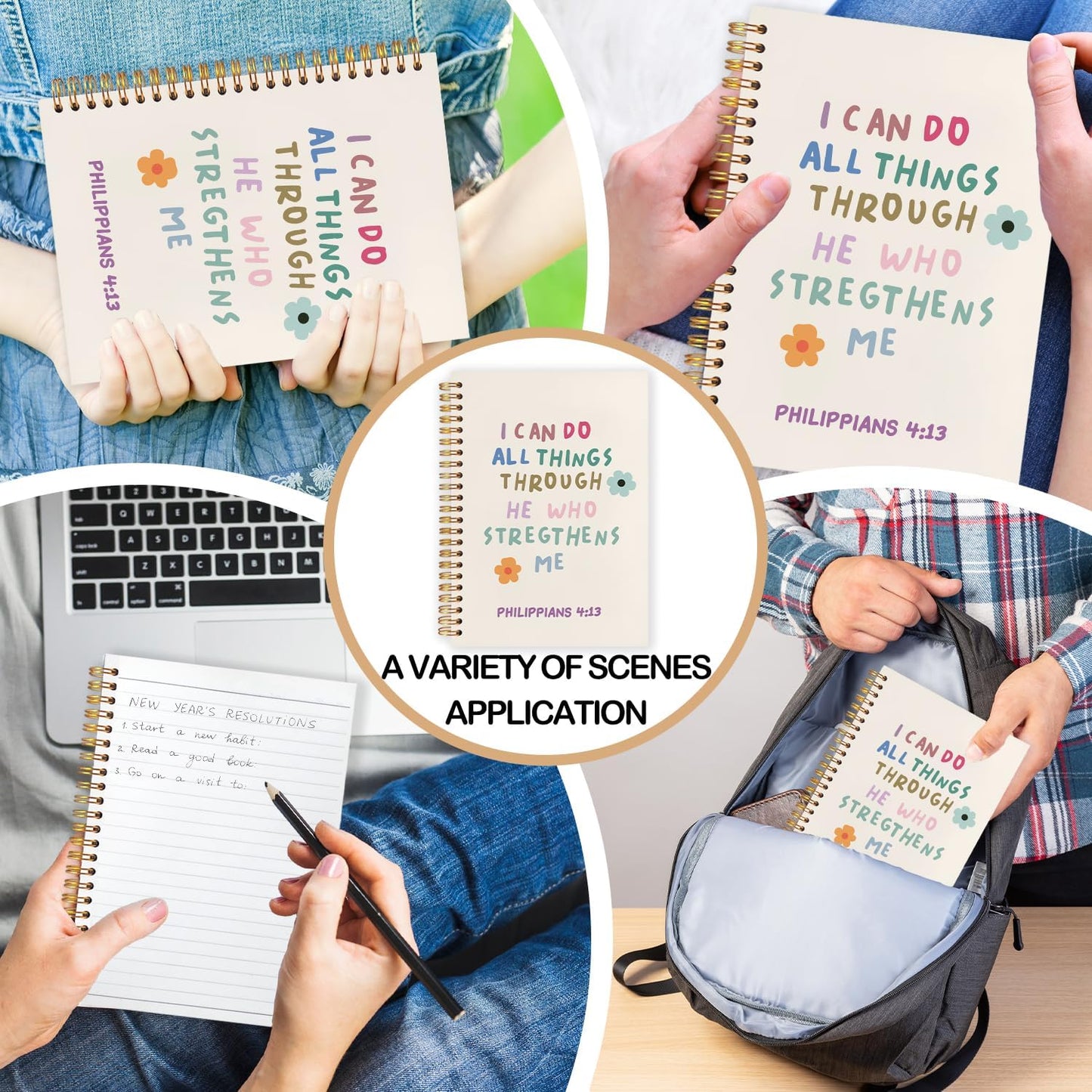 Christian Spiral Journal Notebook 5.5x8.3in, I Can Do All Things Through He Who Strengthens Me，Philippians 4:13 Bible Journal, Cute Floral Bible Notebooks for Note Taking, Hardcover Notebook