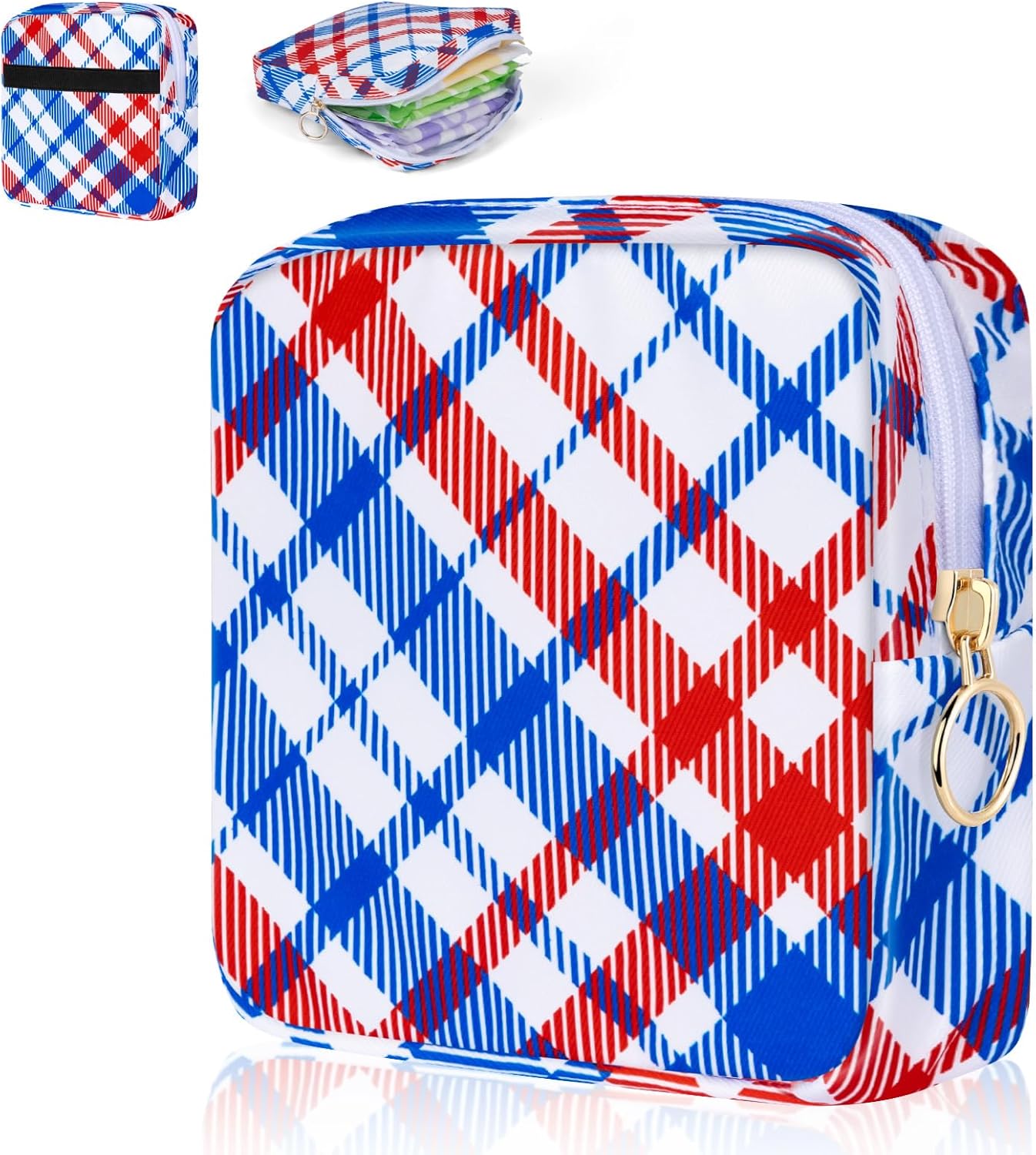 Desing Wish Period Bag Pouch Soft Cloth Sanitary Napkin Storage Bag Portable Menstrual Pad Pouches Tampon Holder for Purse First Period Kit for Girls 9-12 (Red-blue Stripes)