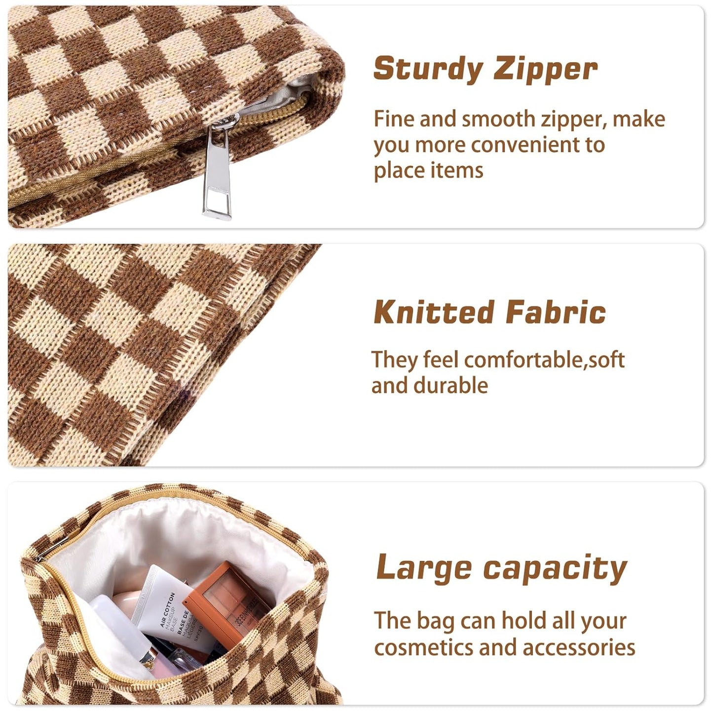 ZLFSRQ 3Pcs Checkered Makeup Bag for Women Large Small Checkered Cosmetic Bag Set Aesthetic Preppy Pencil Case Cute Pencil Pouch Brown Makeup Pouch for Purse Travel Toiletry Bags Zipper Skincare Bags
