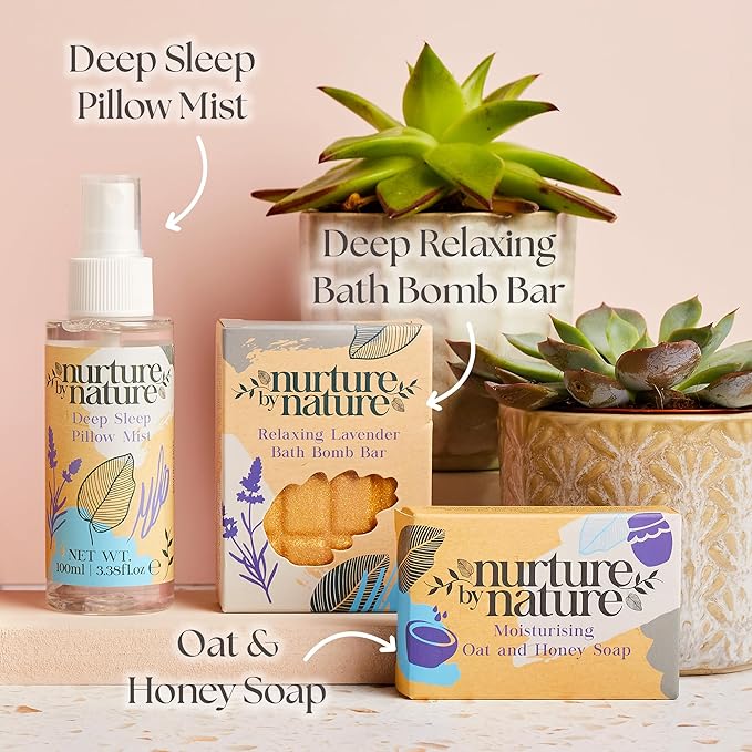 Nurture by Nature RELAX & CALM Spa Kit - Mothers Day Gifts - Spa Gift Baskets For Women, Complete Bath Sets for Women Gift - Lavender Pillow Mist, Bath Salts, Bath Bomb - Self Care Gift Basket