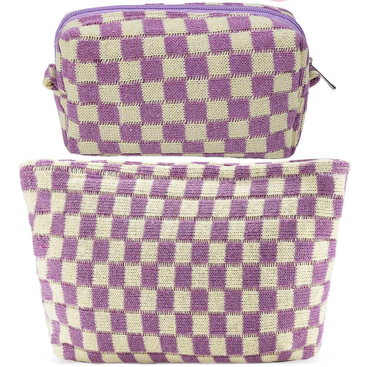ZLFSRQ 2Pcs Checkered Makeup Bag for Women Large Small Checkered Cosmetic Bag Set Aesthetic Preppy Pencil Case Cute Pencil Pouch Purple Makeup Pouch for Purse Travel Toiletry Bags Zipper Skincare Bags