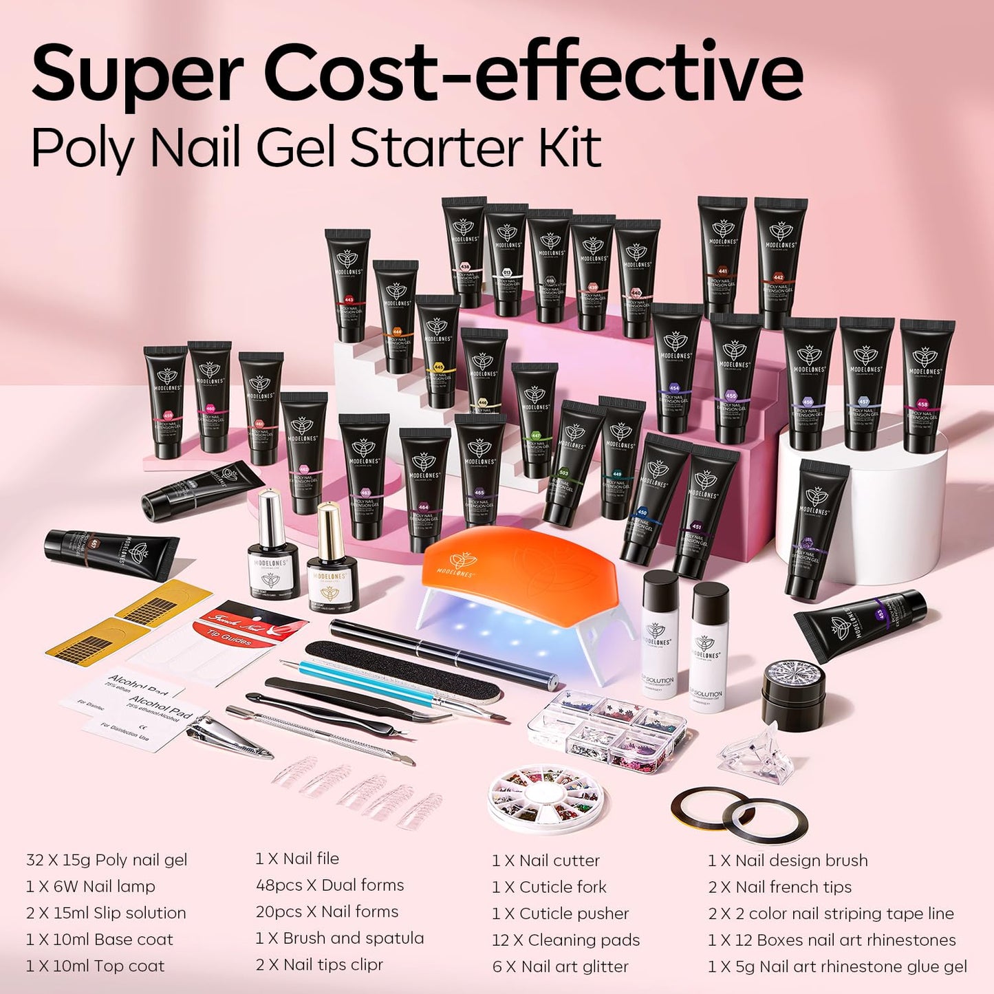 Modelones 133pcs Poly Extension Gel Nail Kit, 32 Colors All Seasons Poly Gel kit with Nail Lamp Slip Solution Builder Thickening Manicure Tools for Starter Salon DIY