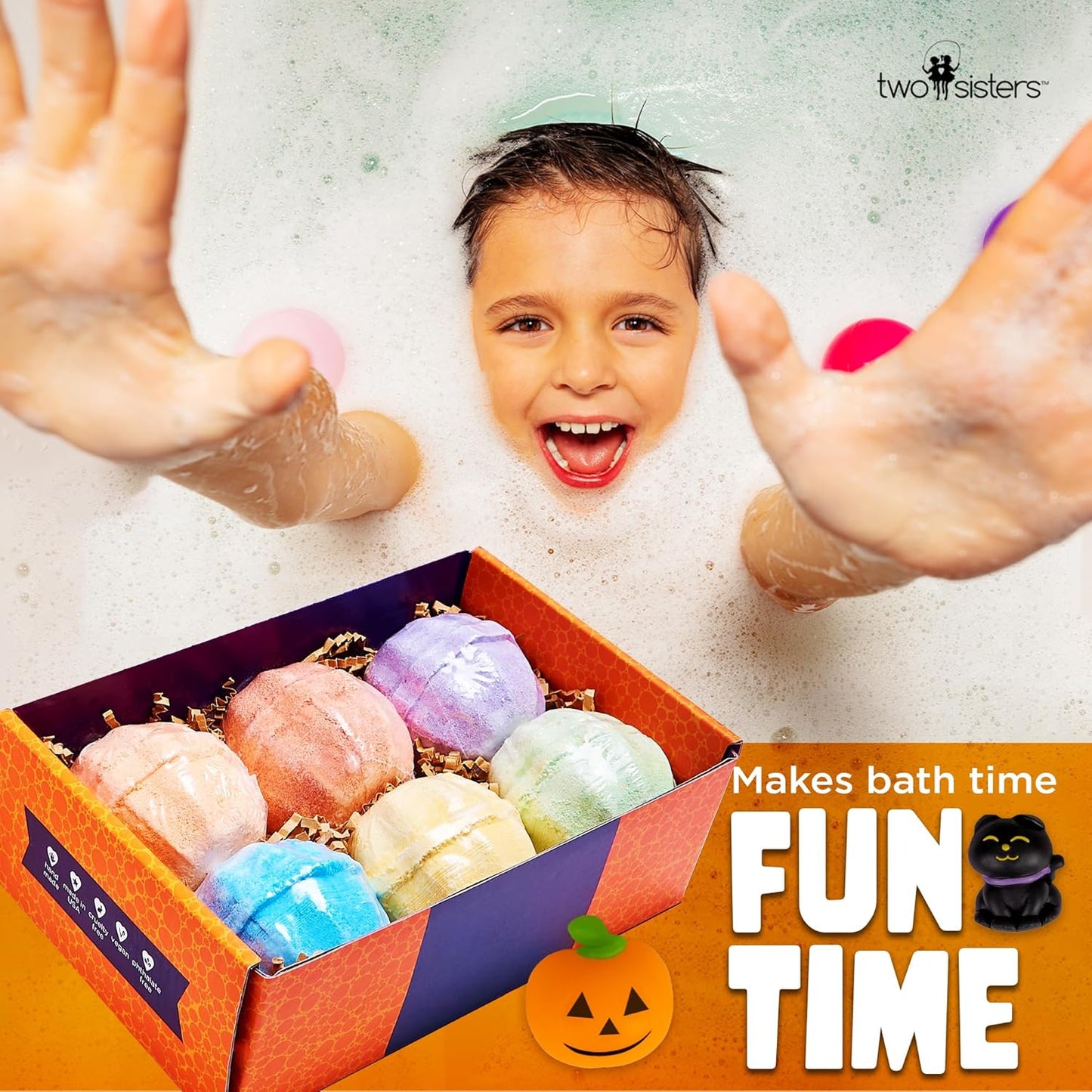Halloween Bath Bombs for Kids with Surprise Halloween Toys Inside (6 Pack) - Large Pumpkin Bath Bombs for Kids, Boys, Girls & Teens – Spooky Boo Basket Stuffers for Kids - Made in USA by Two Sisters