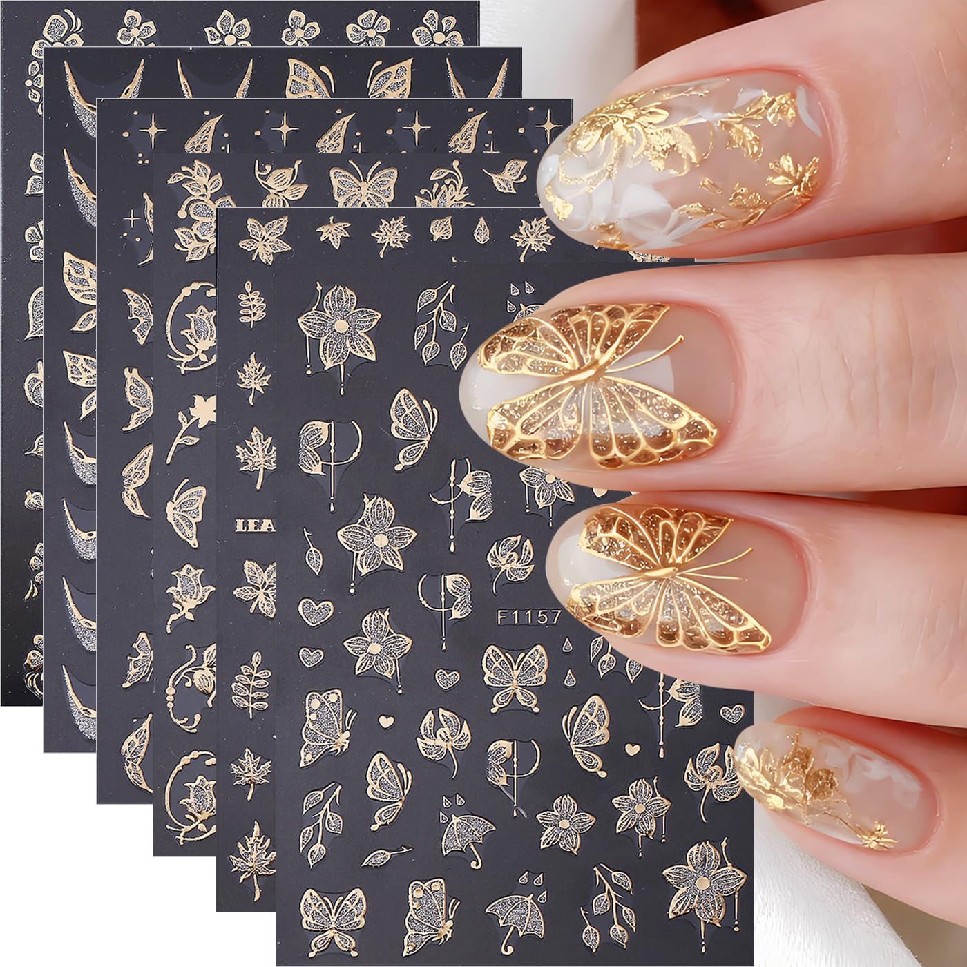 Fall Maple Leaves Nail Art Stickers for Thanksgiving, Gold Maple Leaves Nail Decals 3D Self-Adhesive with Flowers Butterfly Design 6Pcs French Tip Glitter Nail Art Supplies for Women Nail Decoration