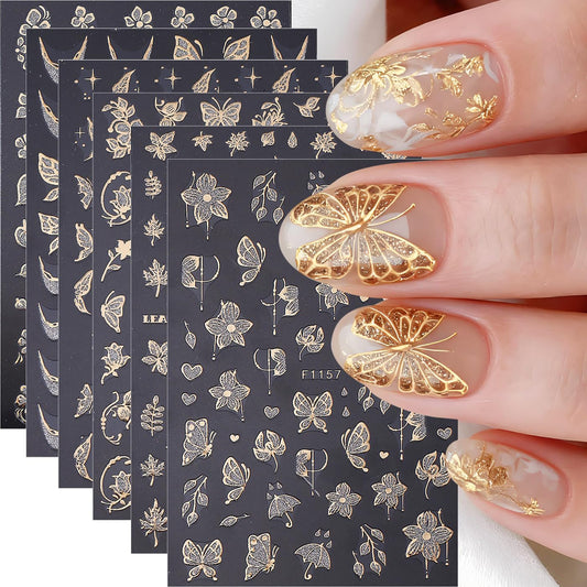 Fall Maple Leaves Nail Art Stickers for Thanksgiving, Gold Maple Leaves Nail Decals 3D Self-Adhesive with Flowers Butterfly Design 6Pcs French Tip Glitter Nail Art Supplies for Women Nail Decoration