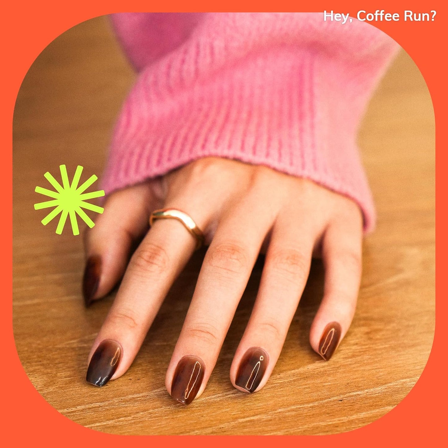 Semi Cured Gel Nail Strips | No LED Lamp Needed | Marble, Brown | Easy Apply & Remove, Salon Quality | Includes 28 Strips, 1 Prep Pads, Nail File & Wooden stick - Hey, Coffee Run?