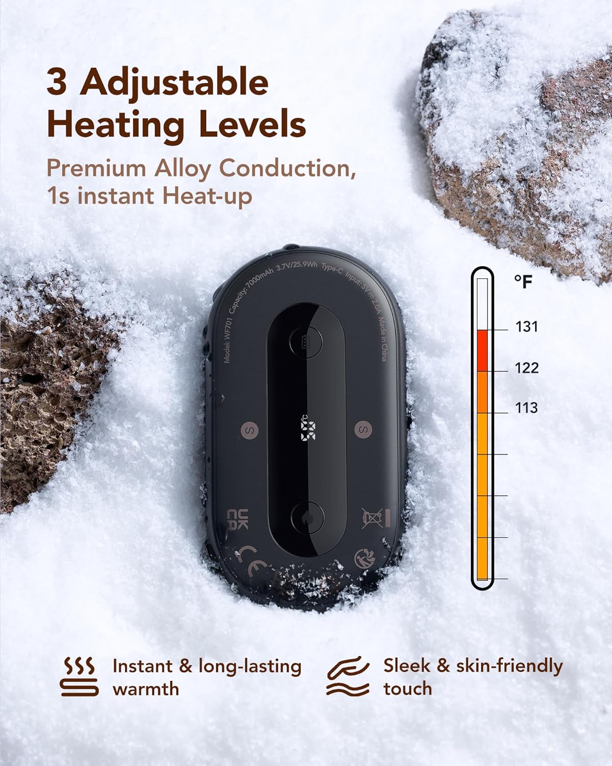 Hand Warmers Rechargeable 2 Pack, Magnetic Alloy Handwarmer 7000 mAh Reusable, Instant Heating UP to 131°F, 15 Hours Long Lasting Palm Pocket Heater, Gifts Packing for Christmas,Hunting,Camping,Golf