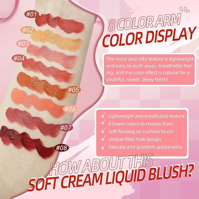 Liquid Blush for Cheeks, Soft Cream Blush with Cushion Applicator, Dewy Finish Matte Velvet Texture, High-Pigmented Blendable, Long-Wearing Rubor Makeup | #04 EBULLIENT-Cool Pink
