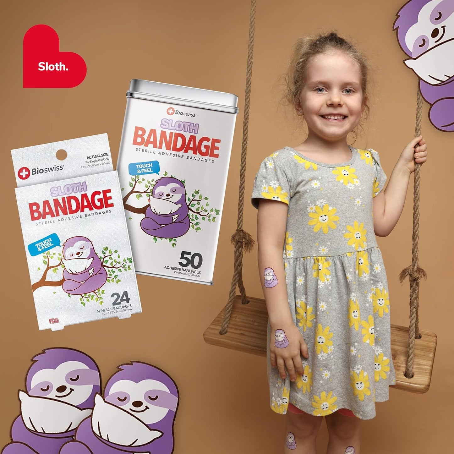 BioSwiss Kids Bandages, Sloth Shaped Self Adhesive Bandage Set, Latex Free, Sterile Wound Care, 24 Count