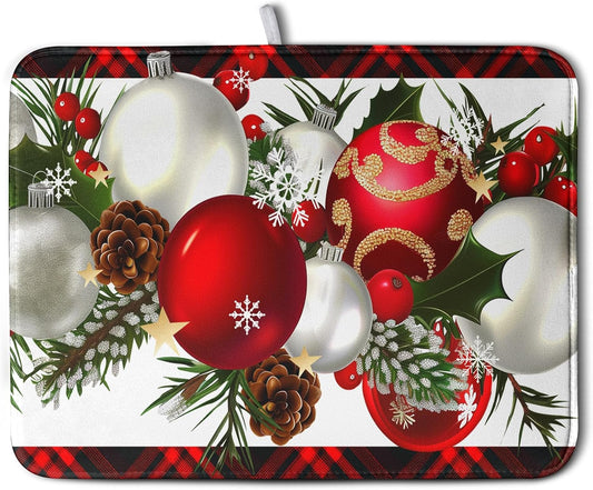Christmas Red Buffalo Plaid Dish Drying Mat for Kitchen Counter 16x18 Inch Winter Xmas Ball Snowflake Pine Cones Dishes Drying Mat Microfibe Super Absorbent Dish Rack Pad for Coffee Bar Sinks