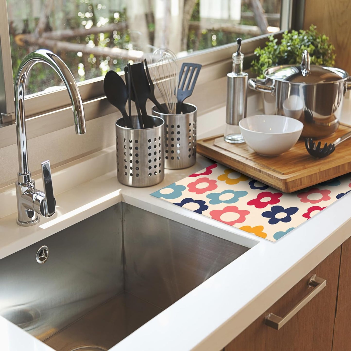 Vintage Groovy Flowers Dish Drying Rack Mats Decor,Colorful Daisy Dish Pad Drying Mat Kitchen Counter 18x24 Inch Absorbent Reversible Microfiber for Coffee Bar Sink Countertop