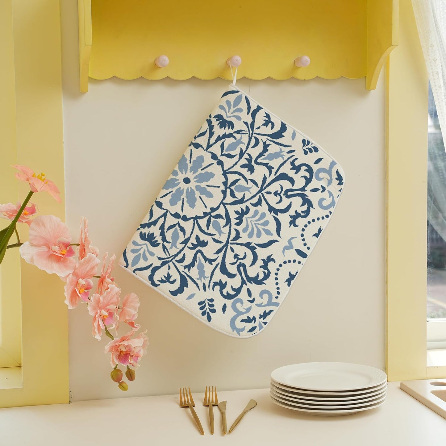 Blue Dish Drying Mat for Kitchen Counter, 18x24 Inch Navy Blue Boho Style Floral Absorbent Dish Drying Pad Heat Resistant Mat Coffee Bar Mat Dish Drainer Rack Mat