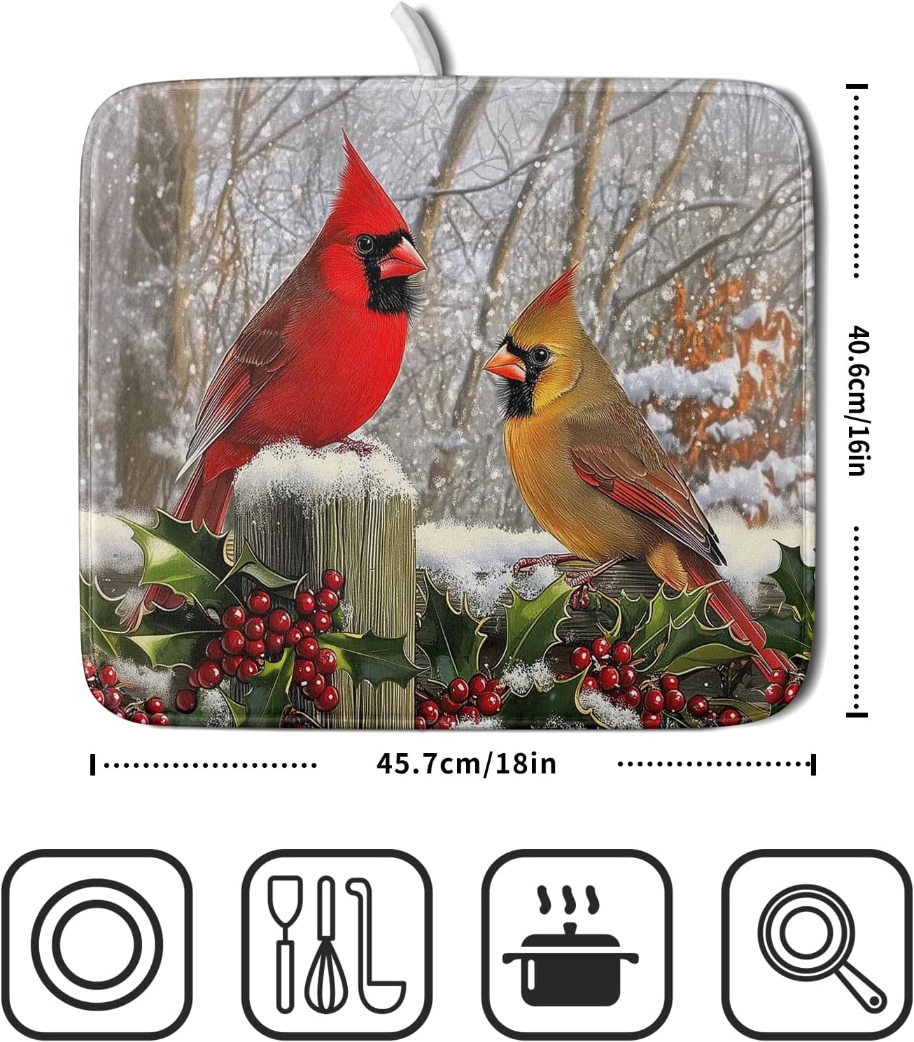 Winter Birds Dish Drying Mat Red Berry Dish Drainer Rack Mat Microfiber Absorbent Dish Drying Pad for Kitchen Counter Coffee Bar 16x18 Inch