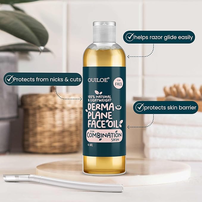 Dermaplane Oil for Combination Skin - Shave Oil for Women, Face Shaving Oil for Women, Use with a Dermaplaning Tool, Razor, Shaver or Microblade for Close Shave 2 oz by Ouiloe