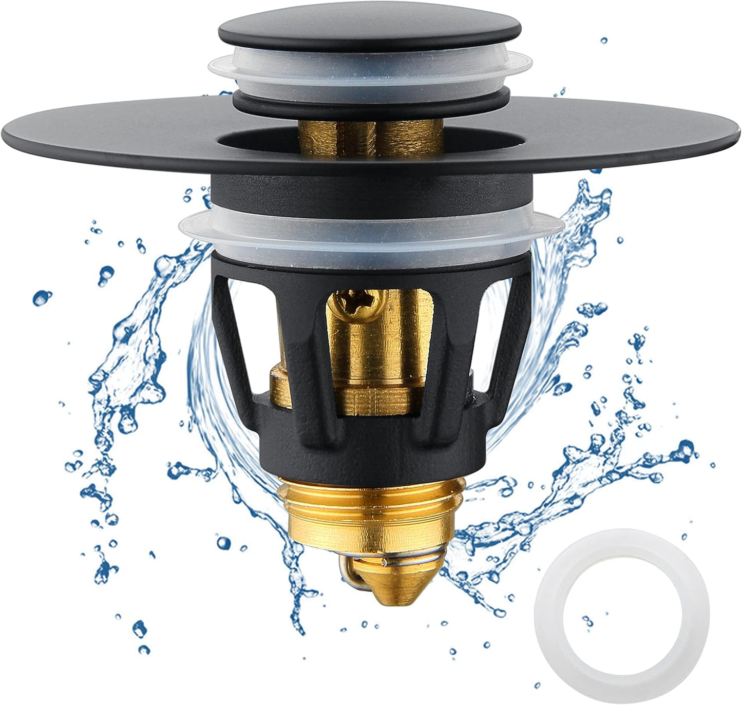 Black Bathroom Sink Drain Stopper, Sink Stopper Fits for 1.25" Drain Hole with 3 Rubber Rings, Anti Clogging Pop up Drain Filter Plug, Wash Basin Strainer with Basket, Matte Black