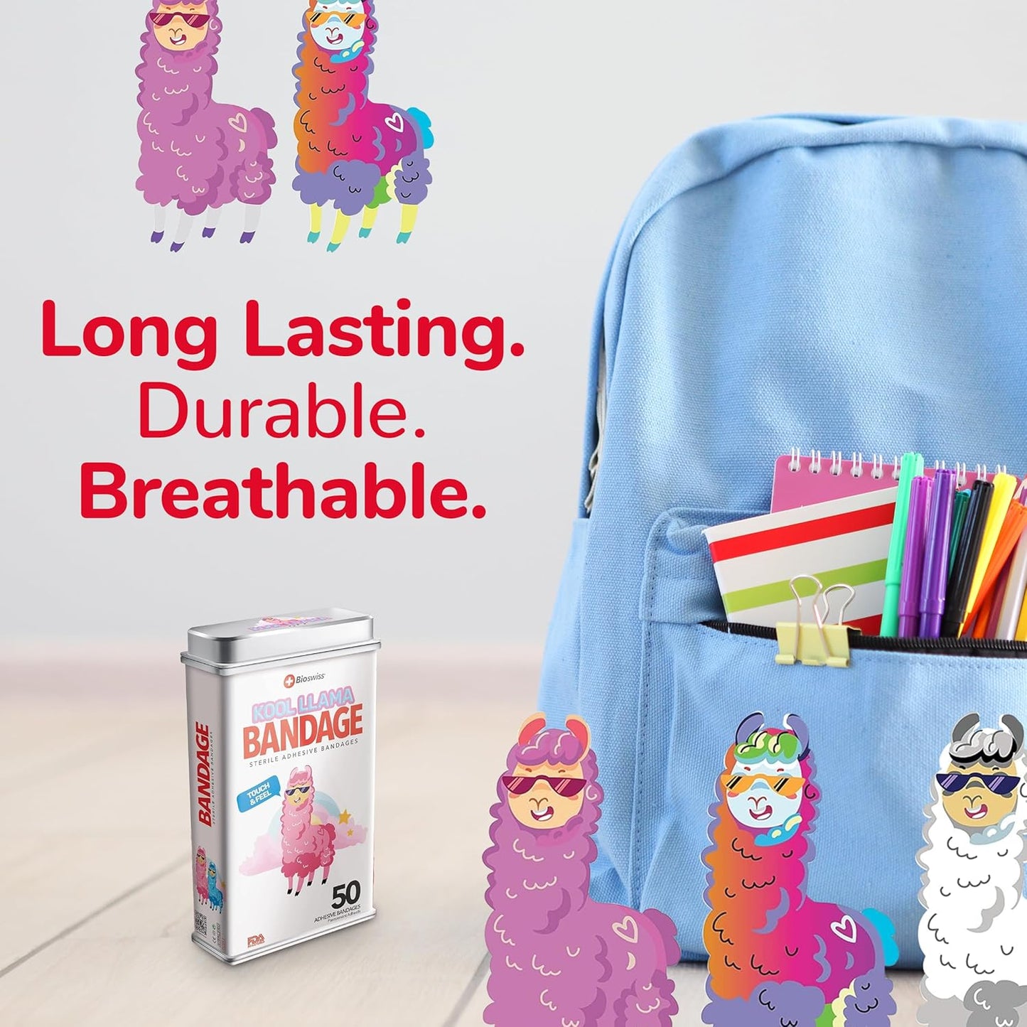 BioSwiss Kids Bandages, Llama Shaped Self Adhesive Bandage Set, Latex Free, Sterile Wound Care, 50 Count