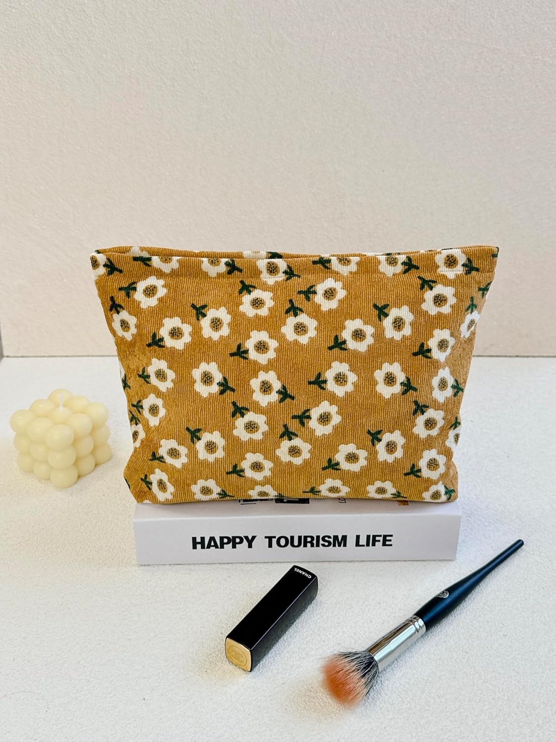 2 makeup bags Women's floral lamp core velvet canvas makeup bag, travel makeup bag, wallet storage, khaki and cute beige