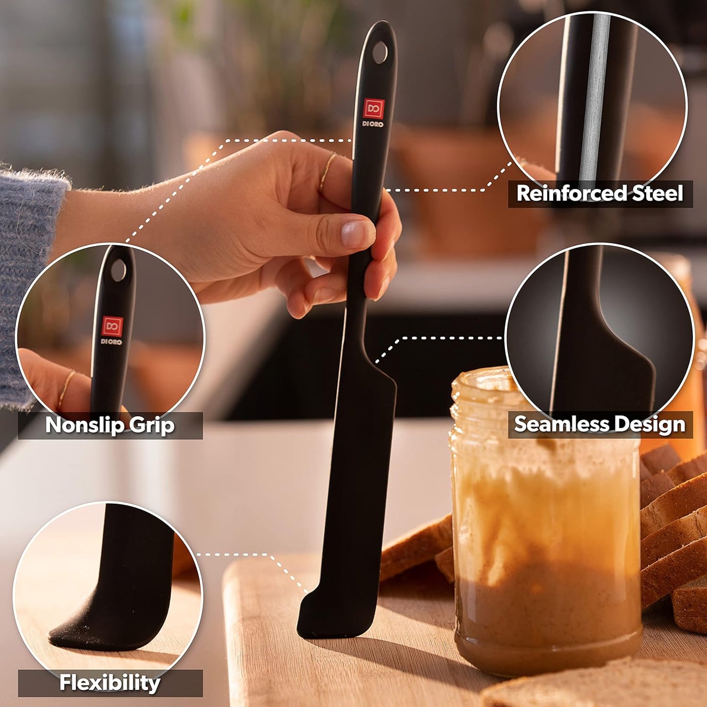 DI ORO Silicone Jar Spatulas for Scraping - Rubber Spatulas Silicone Heat Resistant - Kitchen Spatulas Nonstick Cookware Safe - Silicone Utensil Set for Blenders, Mixing, Baking, & Makeup (5pc, Black)