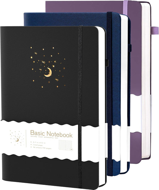 CAGIE 3 Pack Lined Journals Notebook for Work, Hardcover Journal Notebook for Women Men Journals for Writing Note Taking Diary, Black& Blue& Purple, 5.7" x 8.3"