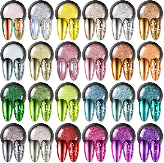 Born Pretty Mirror Chrome Nail Powder Set, 24 Colors Metallic Mirror Effect Nail Powder Holographic Aurora Chameleon Pigment Gold Silver Red Pink Purple Blue Green Manicure Nail Art Decoration Sets