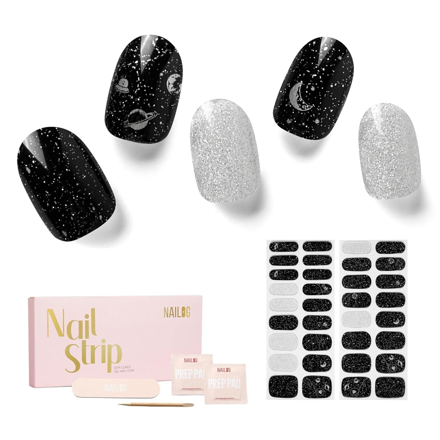 NAILOG Semi Cured Gel Nail Strips 34 pcs| Buy 2 Get 1 UV Lamp | Long Lasting Nail Polish Sticker Wraps with Glossy Gel Finish, Star Walk