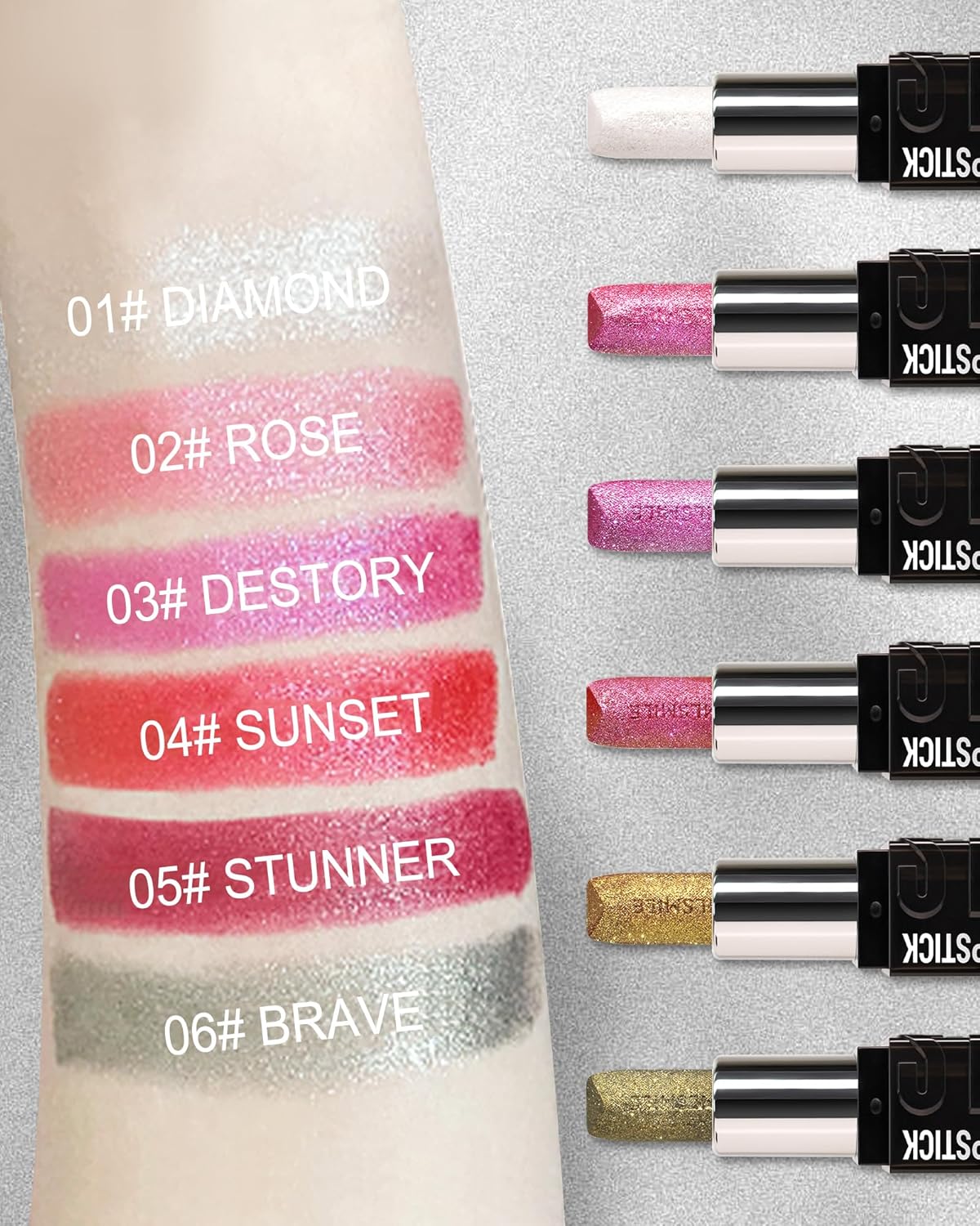 Diamond Glitter Matte Lipstick,Long Lasting Waterproof Green Glod Metallic Sparkling High Pigment Non-Stick Lip Tint Lip Gloss,Full-coverage Lipgloss, Mother's Day Lip Makeup Gift for Women Girl-06