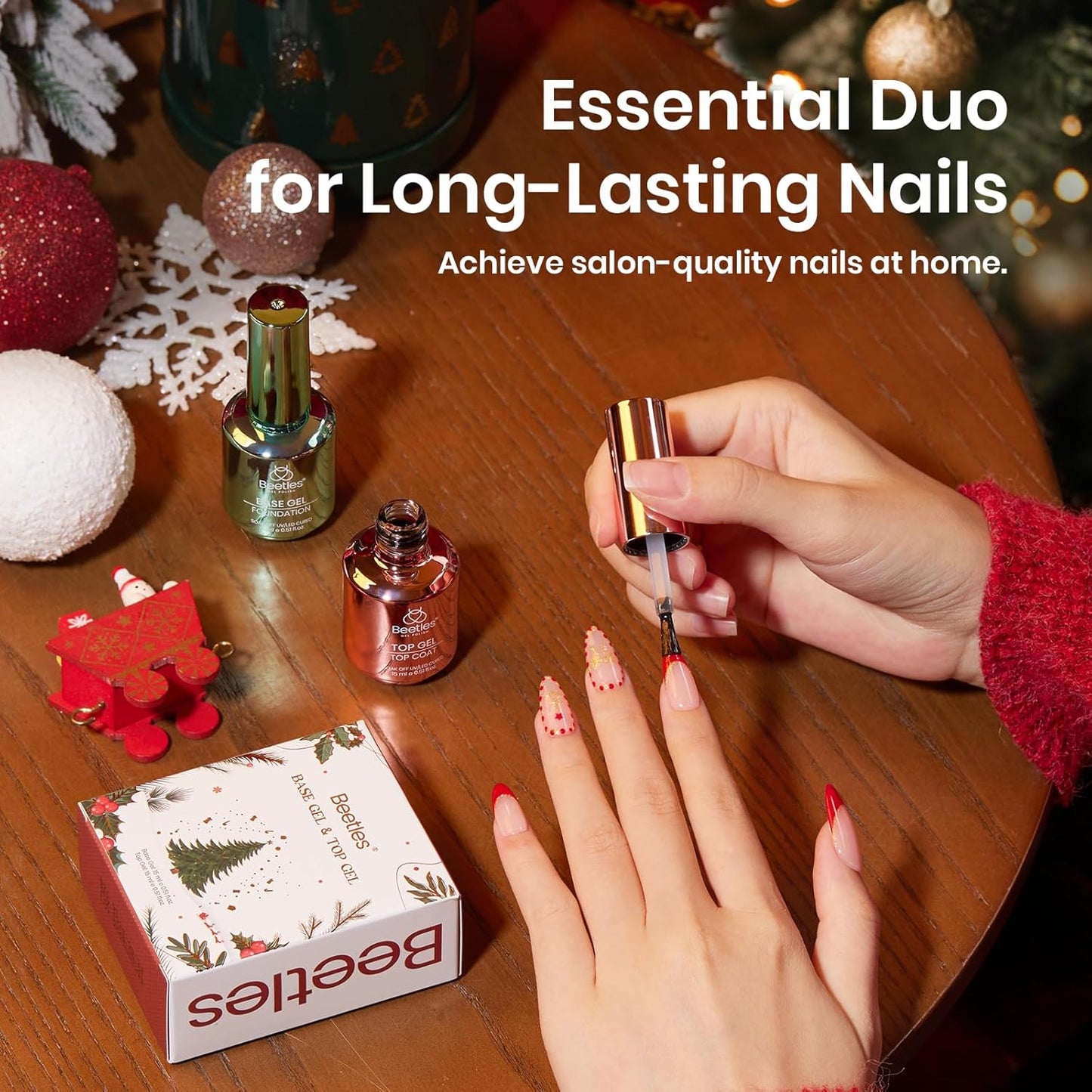 Beetles No Wipe Gel Top Coat and Base Coat Set, 2 Pcs 15ml Top Coat Gel Nail Polish & Gel Base Shine Finish Long Lasting, Soak Off LED Lamp Nail Art Design Manicure Gifts for Women Christmas Limited