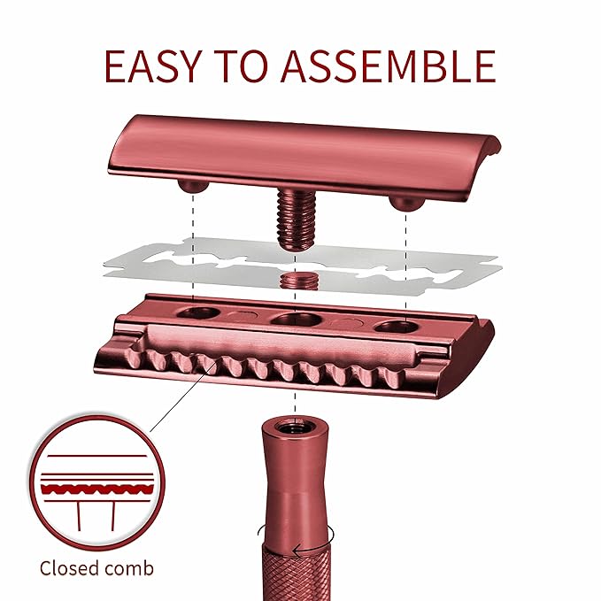 Bambaw Double Edge Safety Razor with Stand, Safety Shaving Razor with 5 Double Edge Safety Razor Blades, Eco-Friendly Razor for Shaving – Red