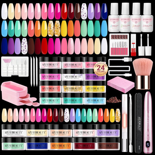 AZUREBEAUTY Dip Powder Nail Kit with Electric Nail Drill 24 Colors Bright Green Pink Orange Nail Starter Kit with Dip Liquids Base Top Coat Activator Portable Manicure French Nail Art Essential Set