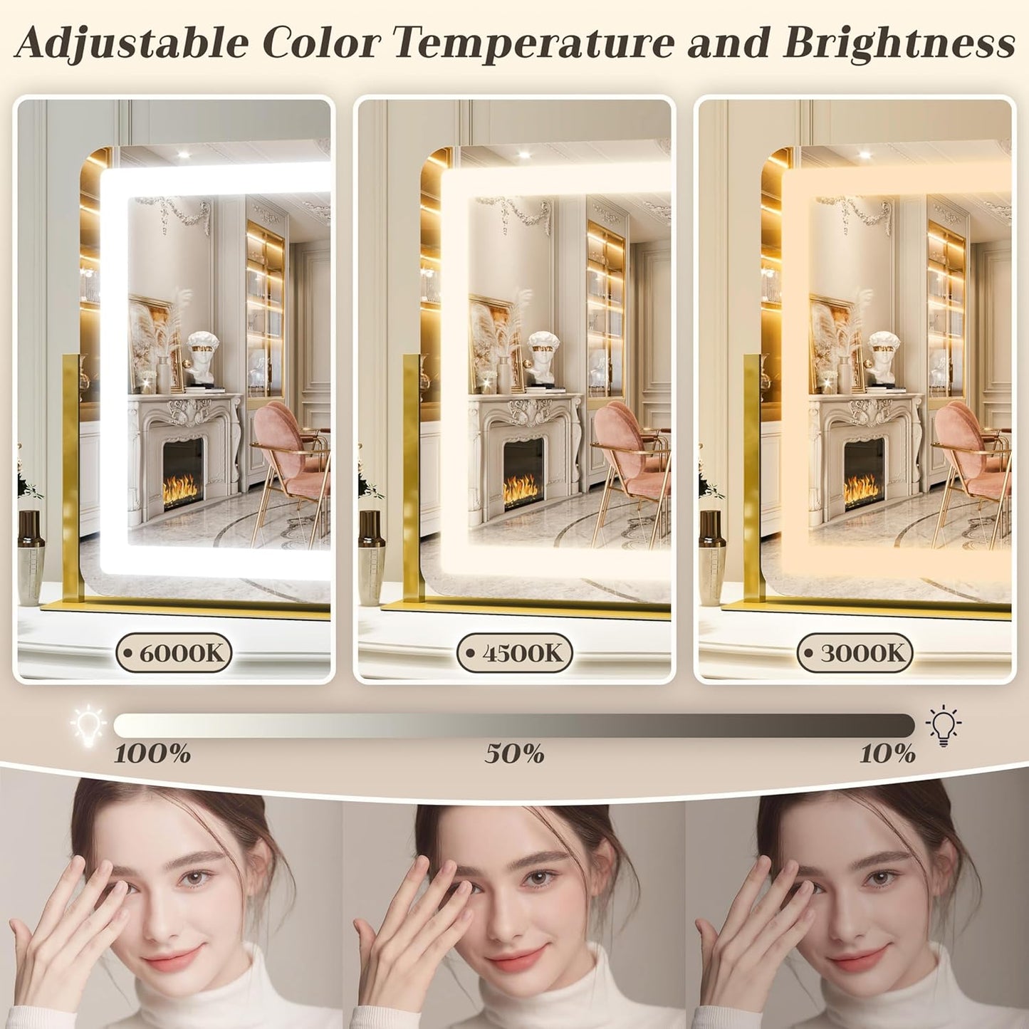 Gold Vanity Mirror with Lights - Smart Touch Dimming, 3-Color Lighting, 360° Rotatable Desktop Makeup Mirror for Desk, 22"x17"