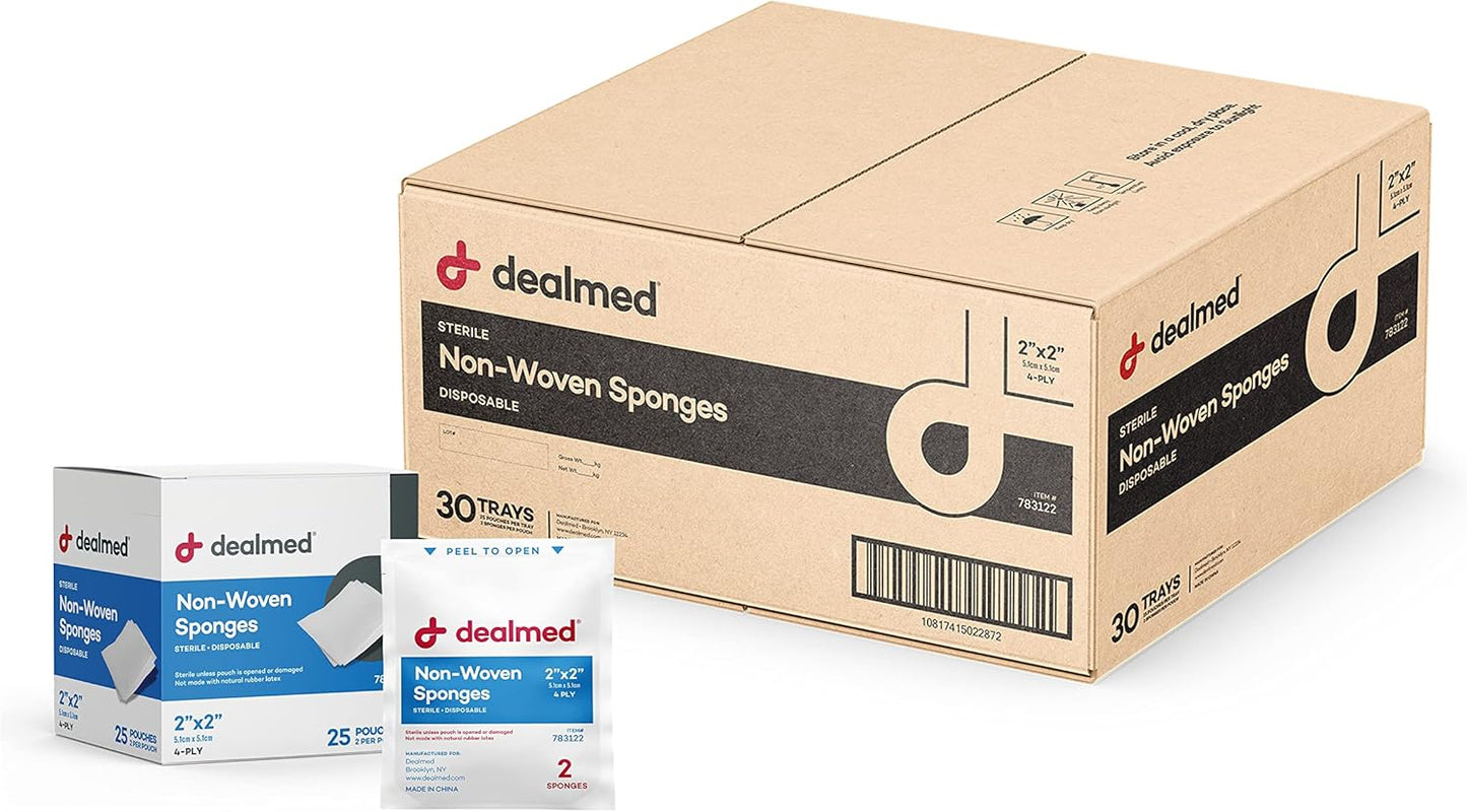 Dealmed Premium Non-Woven Sponges – 2" x 2" 4-Ply Non-Woven Gauze Pads, 25 Pouches, 2 Per Pouch (Pack of 30), Absorbent Gauze Sponges, Wound Care Product for First Aid Kits and Medical Facilities