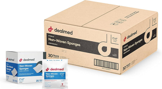 Dealmed Premium Non-Woven Sponges – 2" x 2" 4-Ply Non-Woven Gauze Pads, 25 Pouches, 2 Per Pouch (Pack of 30), Absorbent Gauze Sponges, Wound Care Product for First Aid Kits and Medical Facilities