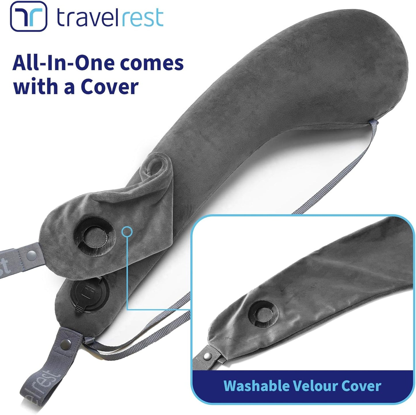 TRAVELREST All-in-One Neck & Body Pillow - Advanced Support and Comfort Design, Travel Essentials, Memory Foam, Inflatable, Airplane & Car Seat, Sleeping on Long Flight & Trips, Travel Pillow - Grey
