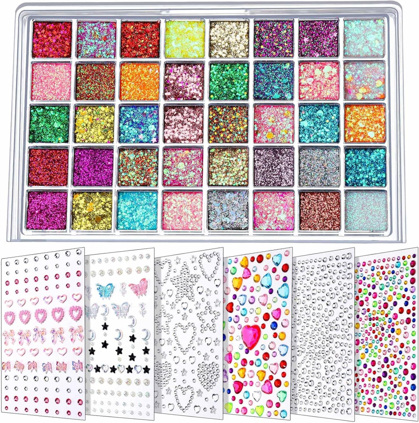 FANDAMEI Face Glitter Face Gems, 40 Colors Glitter Gel Palette with 6 Sheets Self Adhesive Hair Gems, Face Jewels for Women. Face Rhinestones Pearls for Women Kids, Body Hair Glitter