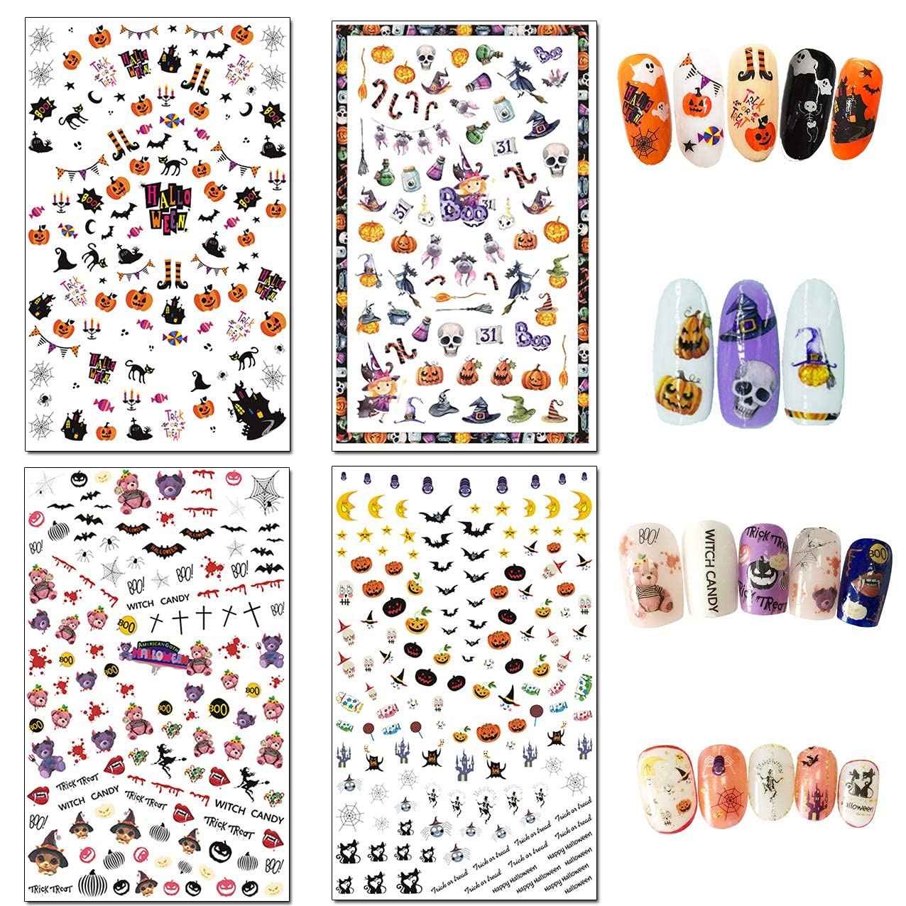TailaiMei 1500 Pcs Halloween Nail Decals Stickers, 12 Sheets Self-Adhesive DIY Nail Art Tips Stencil for Halloween Party, Include Pumpkin/Bat/Ghost/Witch etc