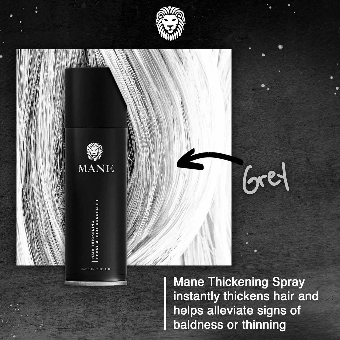 Mane Hair Thickening Spray & Root Touch Up, Instantly Thicker Hair for Men & Women, Fill in Hairlines and Hide Thinning and Fine Patches - Gray, 12 Colors (6.76 oz)