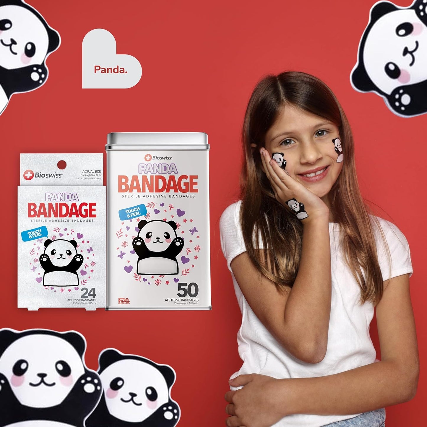 BioSwiss Kids Bandages, Panda Shaped Self Adhesive Bandage Set, Latex Free, Sterile Wound Care, 50 Count