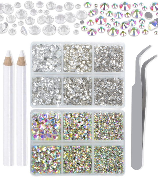 LPBeads 6000 Pieces Clear and Clear AB Non Hotfix Rhinestones 6 Sizes Round Crystal Glass Flat Back Rhinestones with Tweezers and Picking Pen for Nail Art Crafts Clothes Bags DIY